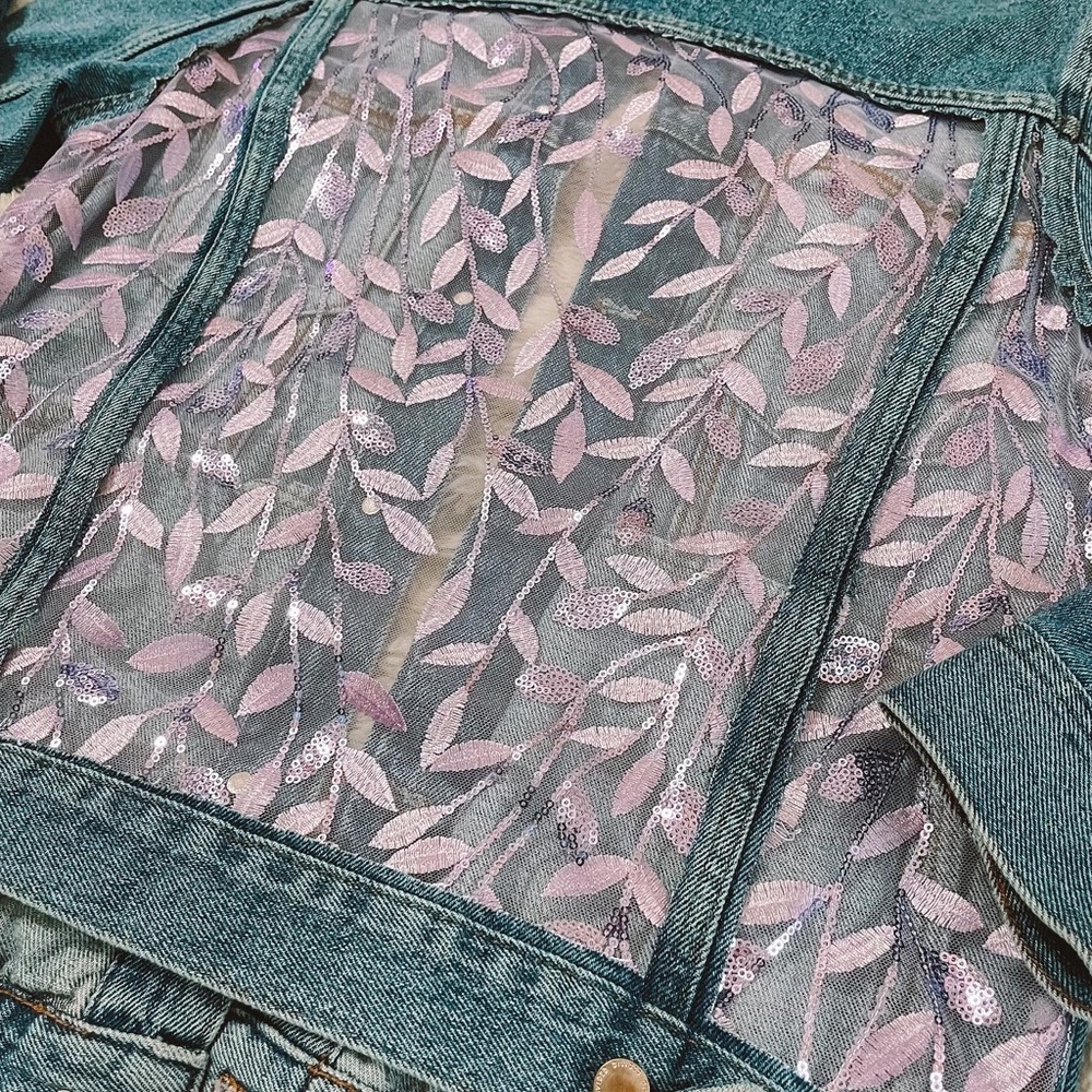 H&M DIY Purple Sequin Vines Lace Denim Jacket - Picture 2 of 2